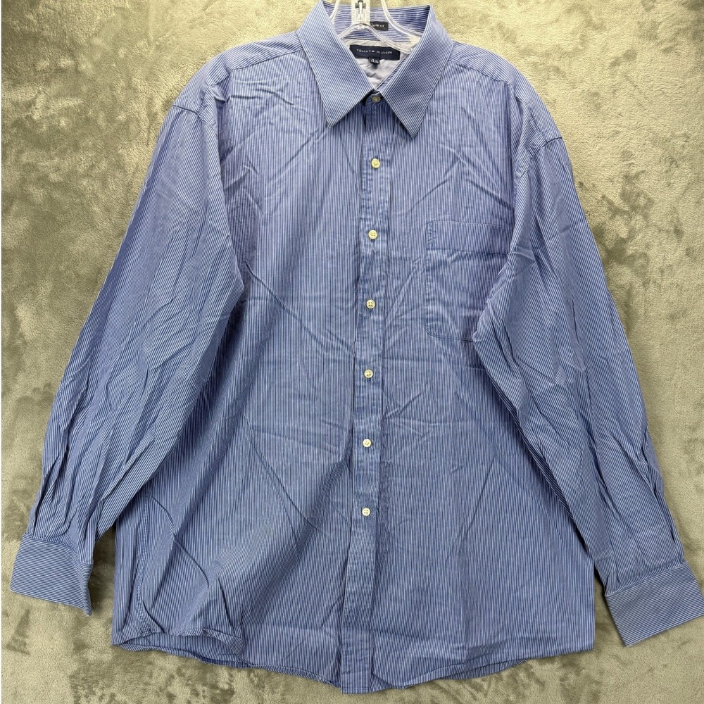 Tommy Hilfiger Mens Regular Fit Blue White Pinstripe Dress Shirt 16.5 34-35